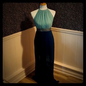Blue Pleated Chiffon Halter Dress
